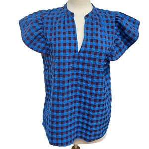 Ann Taylor Factory Blue and Maroon Red Gingham Flutter Sleeve Blouse Medium